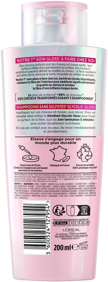 L'Oréal Paris - Routine Capillaire Protectrice pour Cheveux Ternes - Shampooing + Soin Lamination + Sérum Sans Rinçage - Acide Glycolique - Sans Sulfates - Elseve Glycolic Gloss - 3 Produits