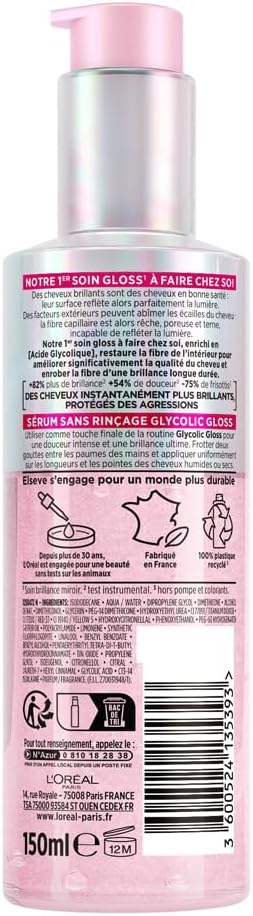 L'Oréal Paris - Routine Capillaire Protectrice pour Cheveux Ternes - Shampooing + Soin Lamination + Sérum Sans Rinçage - Acide Glycolique - Sans Sulfates - Elseve Glycolic Gloss - 3 Produits
