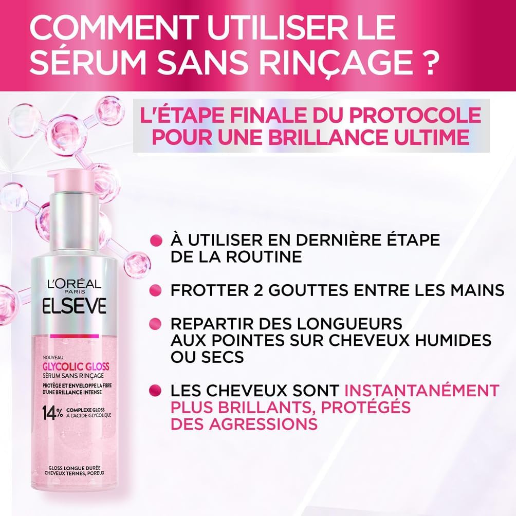 L'Oréal Paris - Routine Capillaire Protectrice pour Cheveux Ternes - Shampooing + Soin Lamination + Sérum Sans Rinçage - Acide Glycolique - Sans Sulfates - Elseve Glycolic Gloss - 3 Produits