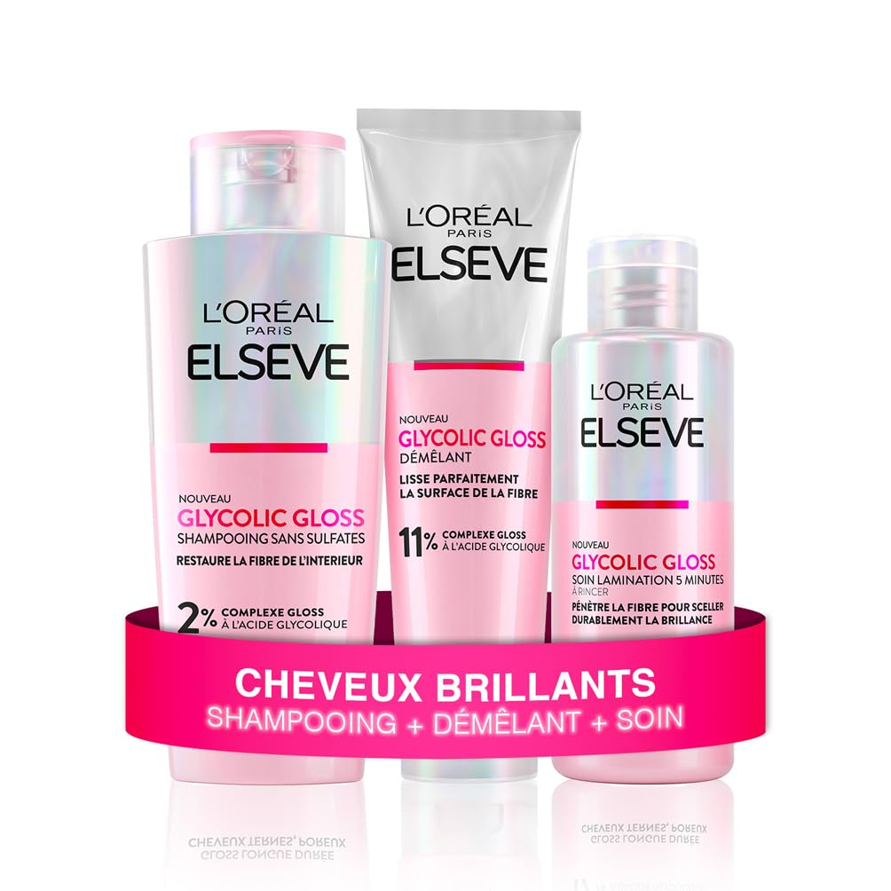 L'Oréal Paris - Routine Capillaire Protectrice pour Cheveux Ternes - Shampooing + Soin Lamination + Sérum Sans Rinçage - Acide Glycolique - Sans Sulfates - Elseve Glycolic Gloss - 3 Produits