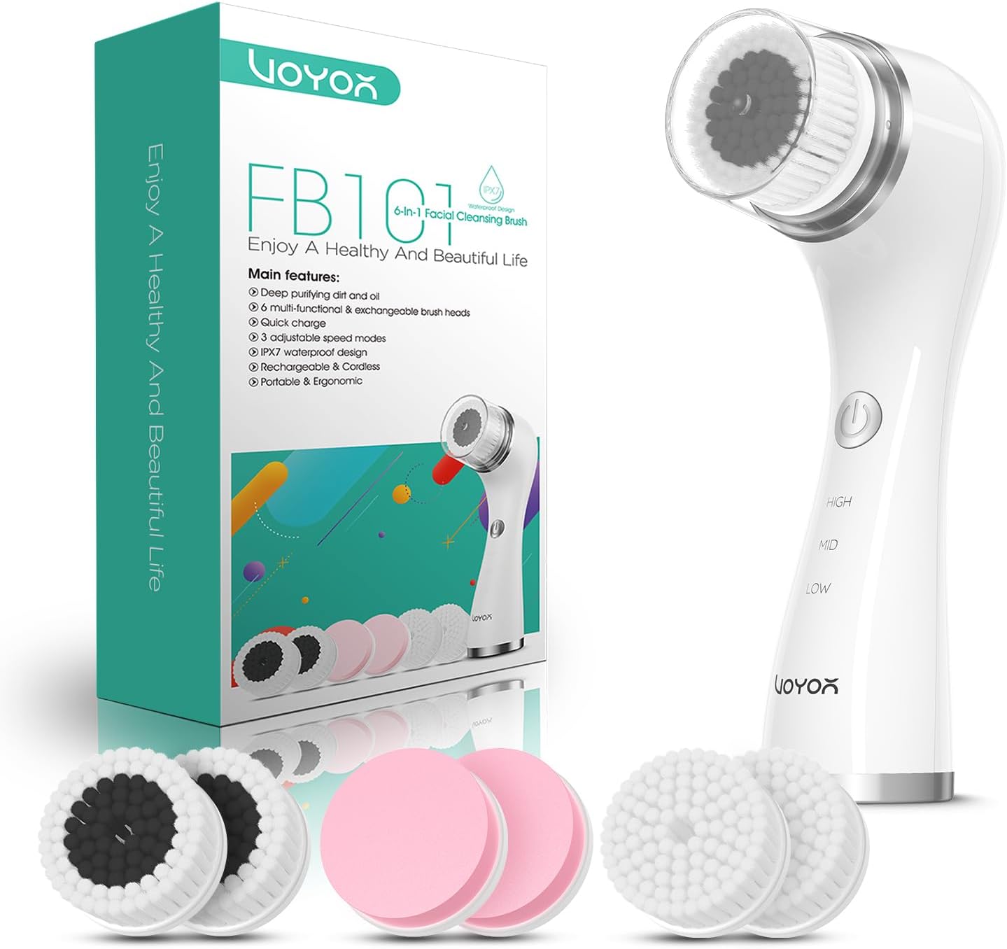 VOYOR Brosse Nettoyante Visage Rechargeable 3 Réglages de Vitesse Brosse Visage pour un Nettoyage en Profondeur du Visageet et une Exfoliation, 6 en 1 Imperméable Brosse Électrique Visage FB101