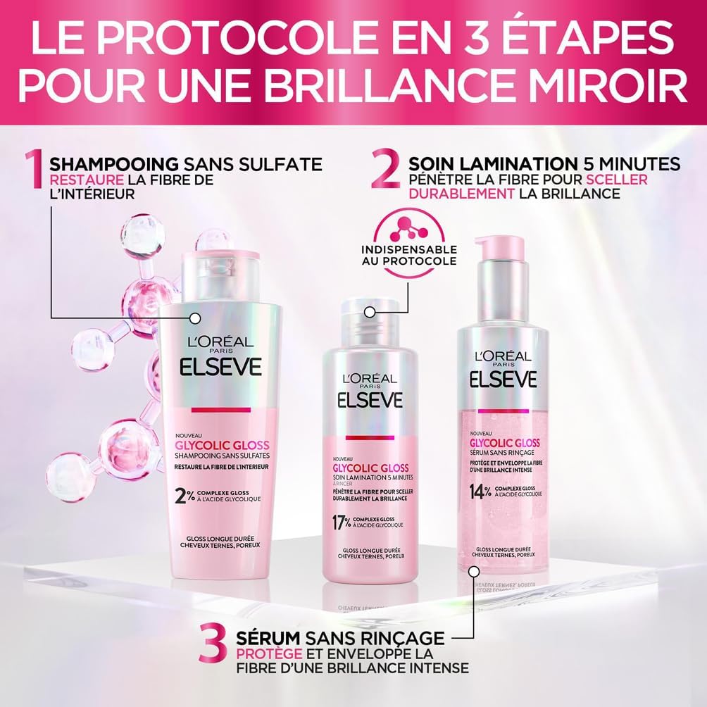 L'Oréal Paris - Routine Capillaire Protectrice pour Cheveux Ternes - Shampooing + Soin Lamination + Sérum Sans Rinçage - Acide Glycolique - Sans Sulfates - Elseve Glycolic Gloss - 3 Produits