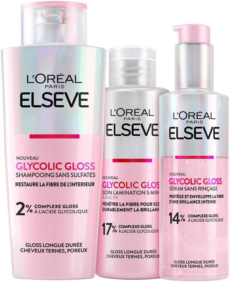 L'Oréal Paris - Routine Capillaire Protectrice pour Cheveux Ternes - Shampooing + Soin Lamination + Sérum Sans Rinçage - Acide Glycolique - Sans Sulfates - Elseve Glycolic Gloss - 3 Produits