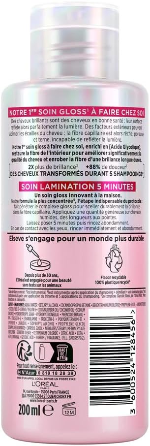 L'Oréal Paris - Routine Capillaire Protectrice pour Cheveux Ternes - Shampooing + Soin Lamination + Sérum Sans Rinçage - Acide Glycolique - Sans Sulfates - Elseve Glycolic Gloss - 3 Produits
