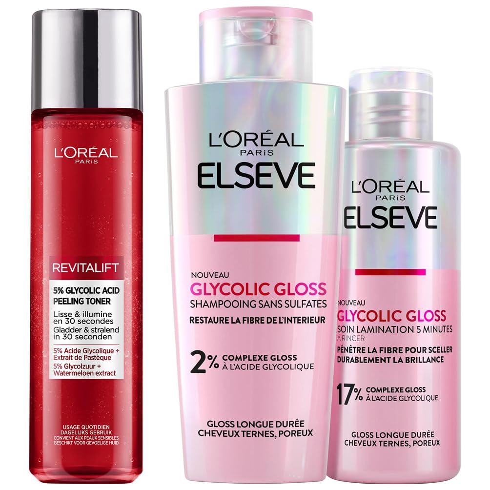 L'Oréal Paris - Routine Capillaire Protectrice pour Cheveux Ternes - Shampooing + Soin Lamination + Sérum Sans Rinçage - Acide Glycolique - Sans Sulfates - Elseve Glycolic Gloss - 3 Produits