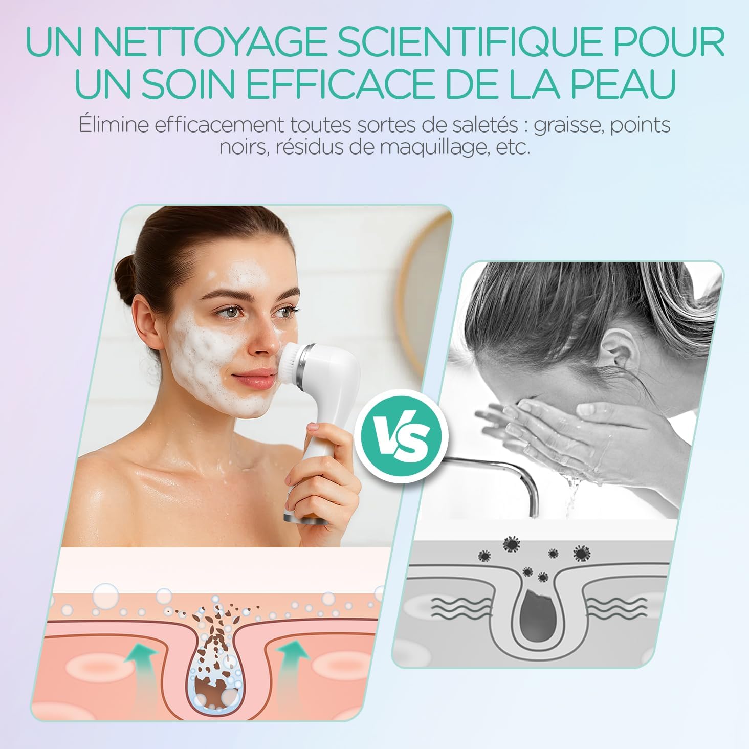 VOYOR Brosse Nettoyante Visage Rechargeable 3 Réglages de Vitesse Brosse Visage pour un Nettoyage en Profondeur du Visageet et une Exfoliation, 6 en 1 Imperméable Brosse Électrique Visage FB101