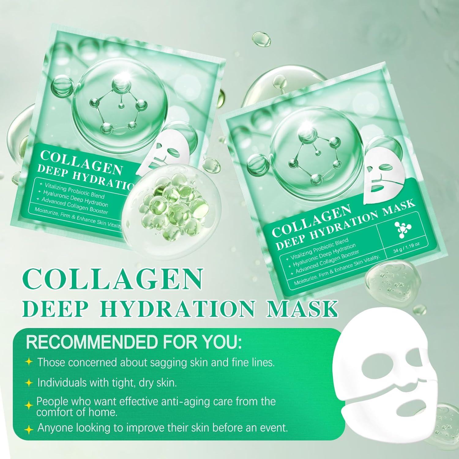 Bio Collagène Lot De 6 Masques De Nuit Intensifs Au Collagène Avec Booster De Collagène Avancé, Favorise La Vitalité Et L'Élasticité De La Peau