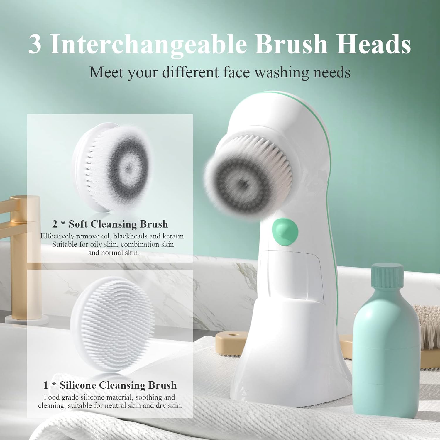 Brosse Nettoyante Visage Electrique, TOUCHBeauty Appareil de Nettoyage Visage avec 3 Têtes et 2 Réglages de Vitesse,Nettoyage en Profondeur/Exfoliation/Massage AG-0759D(Blanc)