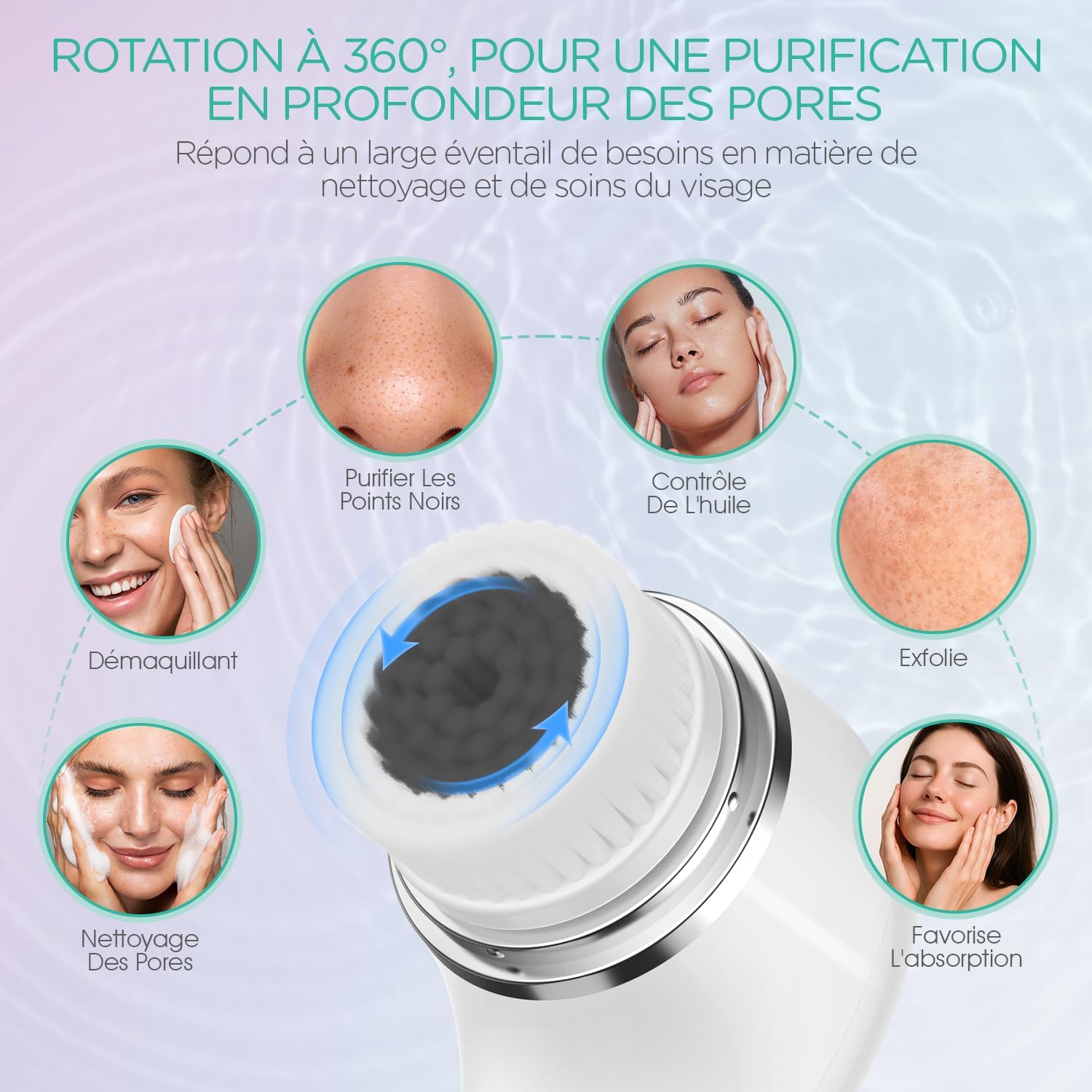 VOYOR Brosse Nettoyante Visage Rechargeable 3 Réglages de Vitesse Brosse Visage pour un Nettoyage en Profondeur du Visageet et une Exfoliation, 6 en 1 Imperméable Brosse Électrique Visage FB101