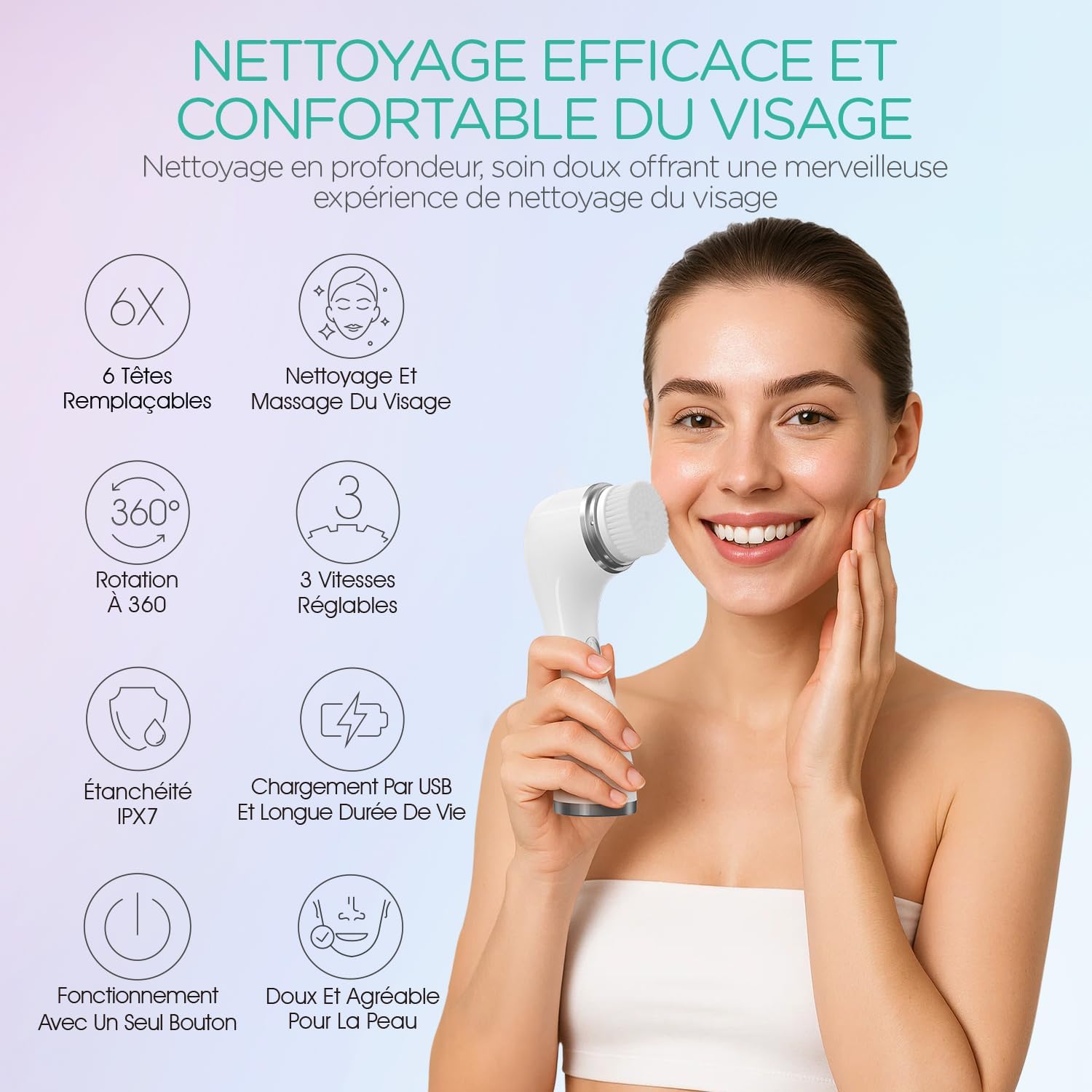 VOYOR Brosse Nettoyante Visage Rechargeable 3 Réglages de Vitesse Brosse Visage pour un Nettoyage en Profondeur du Visageet et une Exfoliation, 6 en 1 Imperméable Brosse Électrique Visage FB101